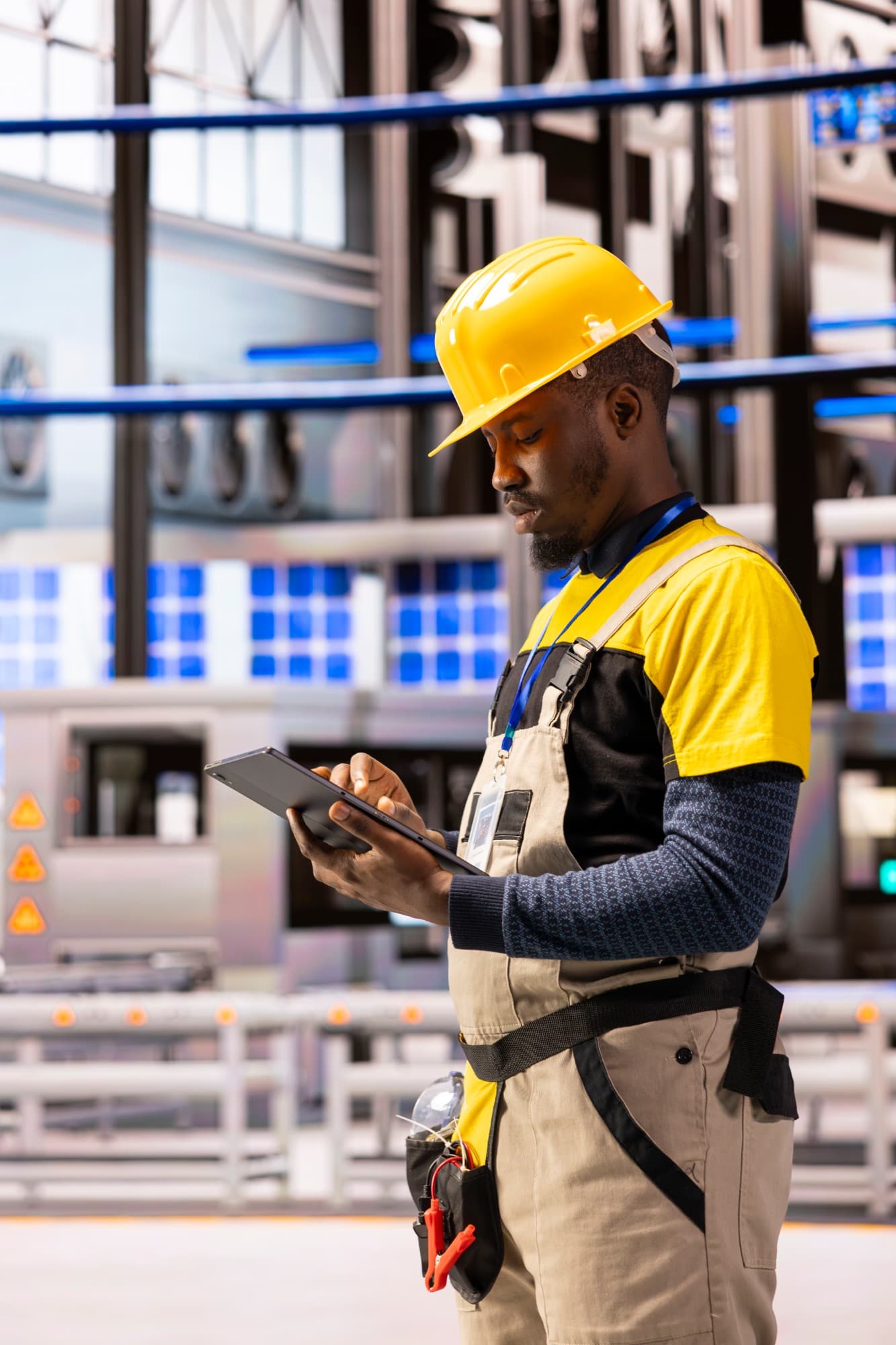 Técnico de capacete amarelo a registar uma inspecção num tablet, numa instalação industrial