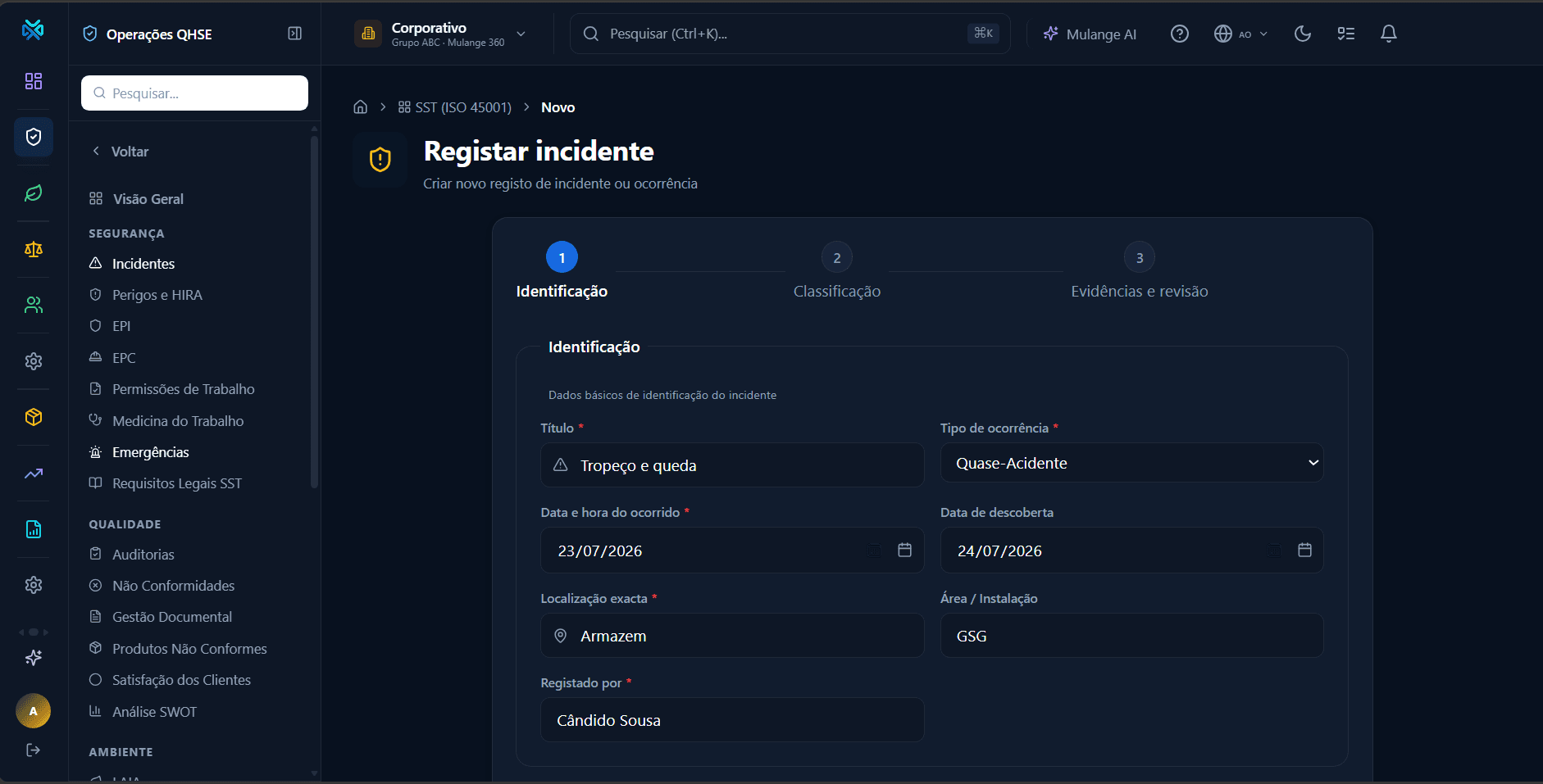 Passo 1 do registo de incidente: Identificação.
