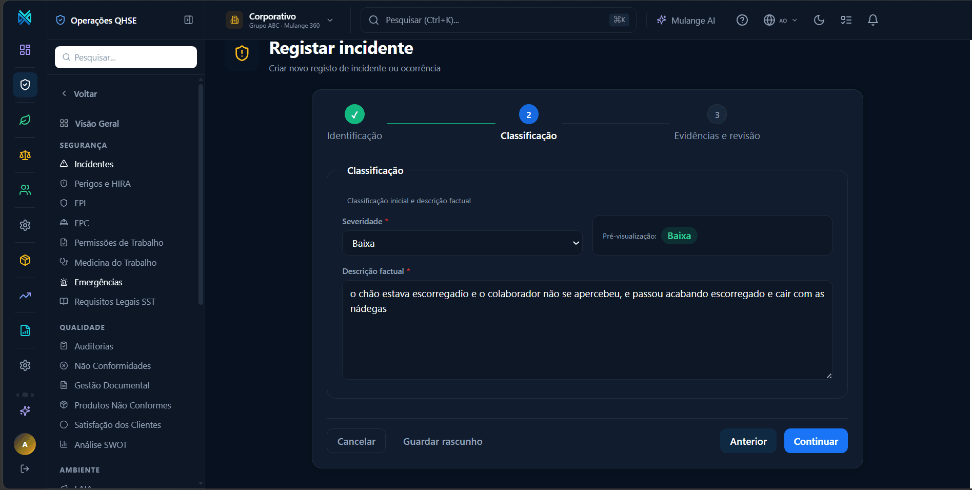 Passo 2 do registo de incidente: Classificação.
