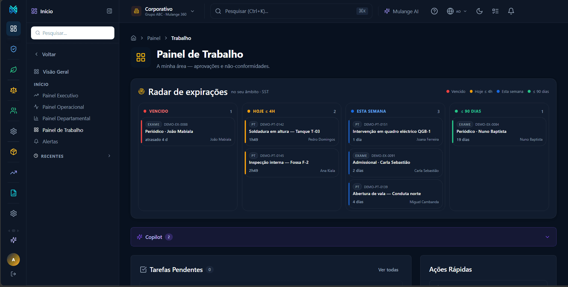 Radar de Expirações no Painel de Trabalho do Mulange 360, com prazos agrupados por urgência: vencido, hoje, esta semana e próximos 90 dias.